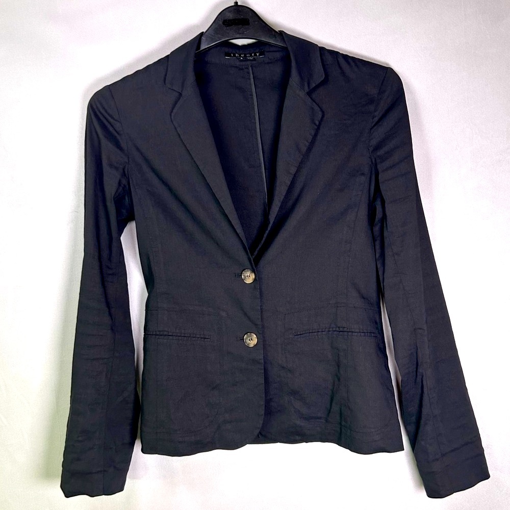 Theory Women’s Boothe 2 Button Blazer Jacket. Linen Viscose Blend, Black. Size 6